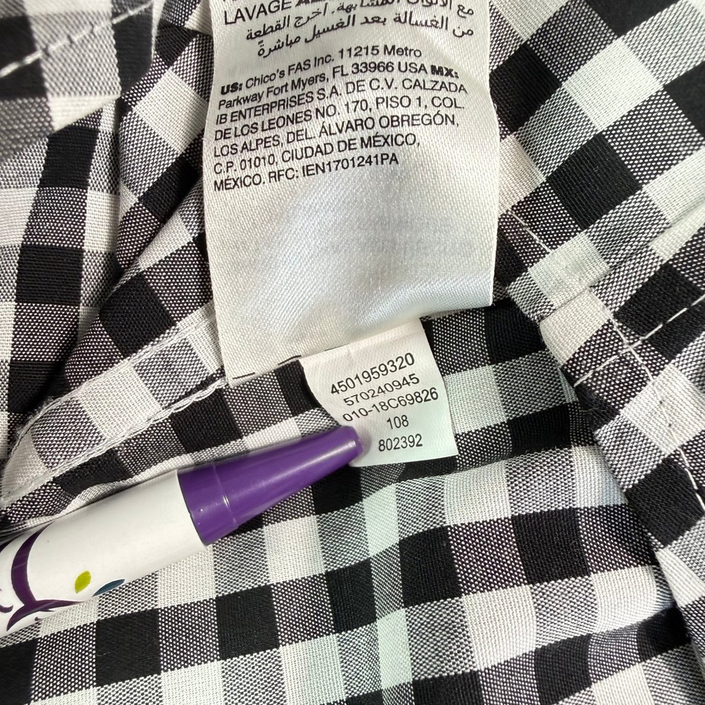 Chico's Button Down Shirt Women 3 Black White Gingham Striped Office Preppy - Picture 5 of 10